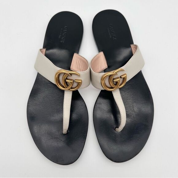 Gucci Marmont GG Thong Flat Sandals Flip Flops Mystic White Leather EU 39 US 9 - Picture 2 of 12